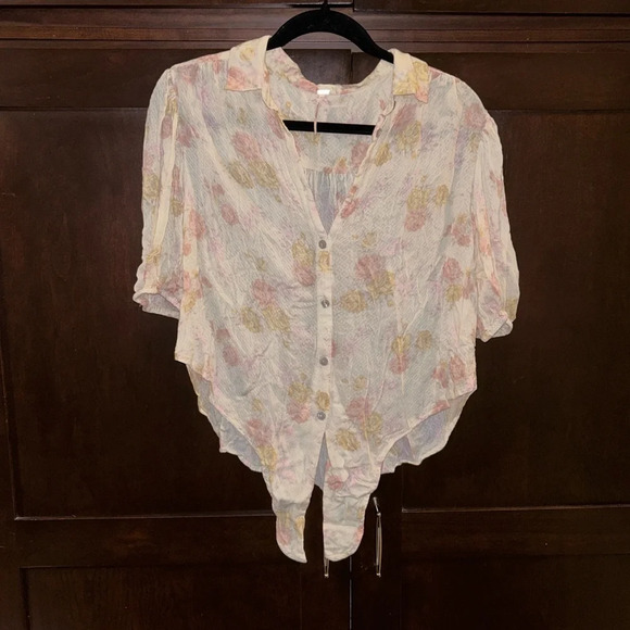 Free People Cream Floral Tie-Front Blouse - Picture 2 of 4